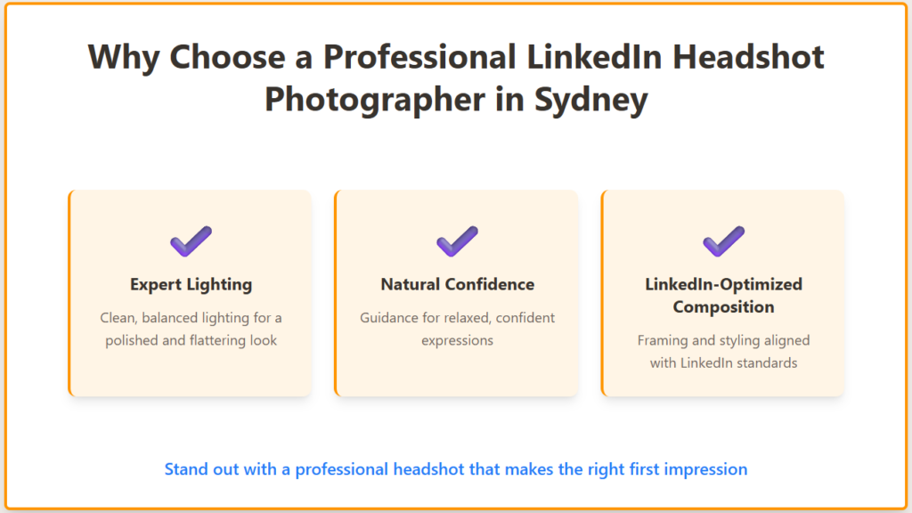 LinkedIn headshot photographer capturing professional LinkedIn headshots in Sydney with proper lighting and posture guidance